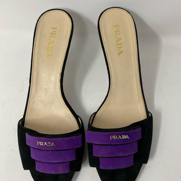 Prada Black Purple Accent Suede Slide Sandals Size 37.5 P6 - Picture 2 of 6
